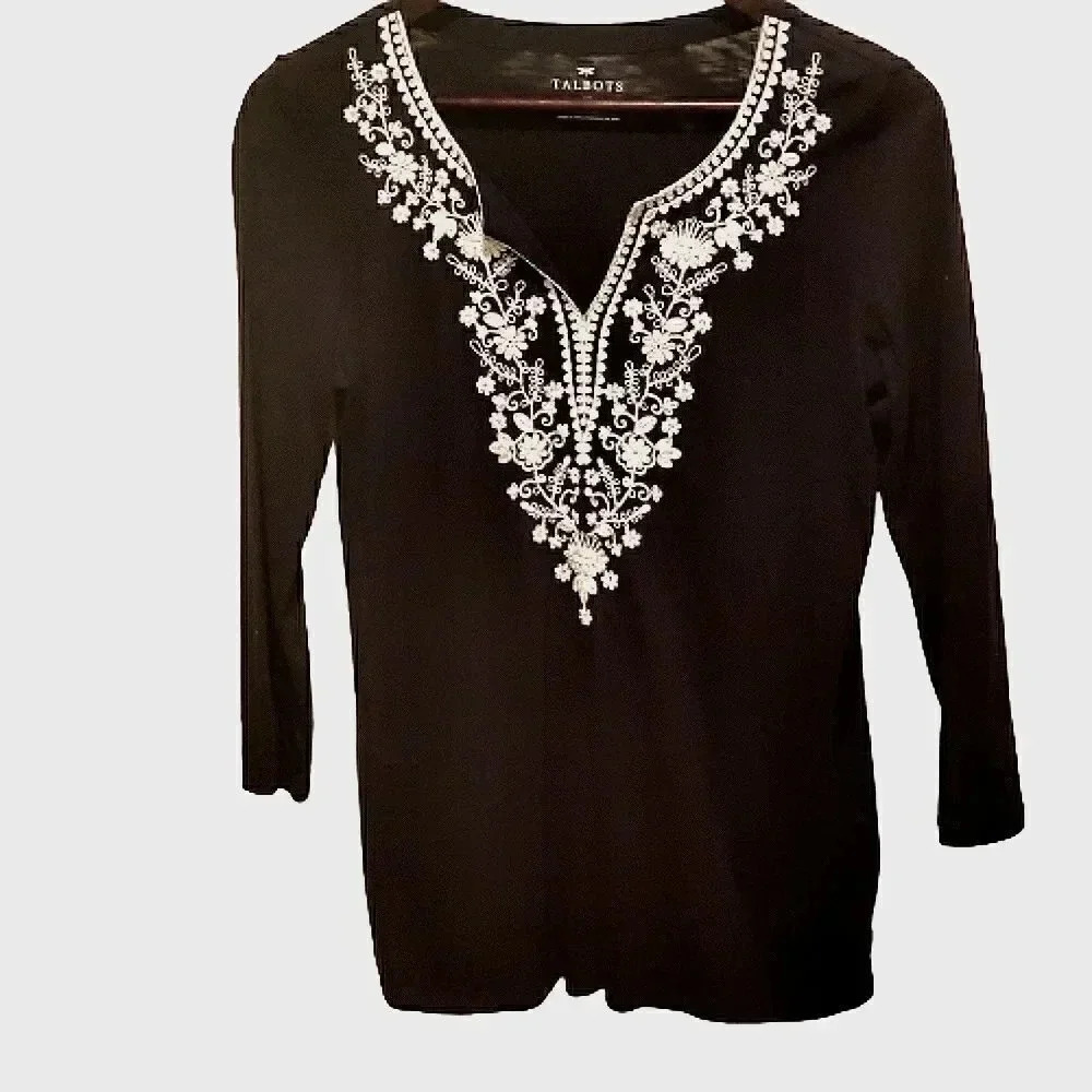 Talbots Navy Longsleeve Blouse w/ Jewled And Embroidered Neckline – Size M